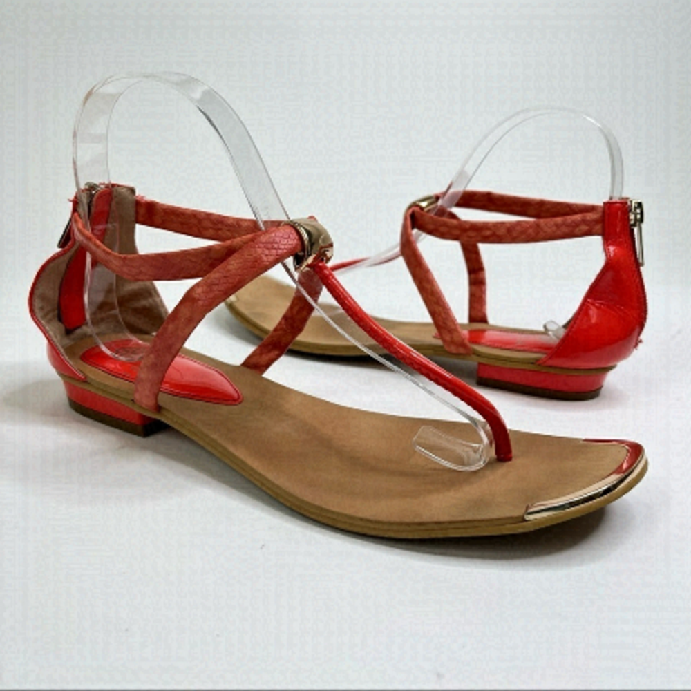 𝅺ISOLÁ Coral Peach Orange Snakeskin Gold Tipped T-Strap Cleopatra Sandals Shoes